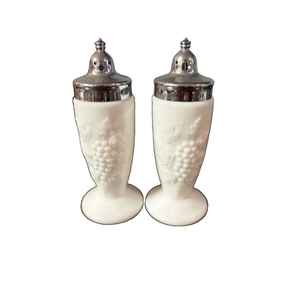 Vintage Imperial Milk Glass Grape Salt Pepper Shakers Chrome Lids Footed 5